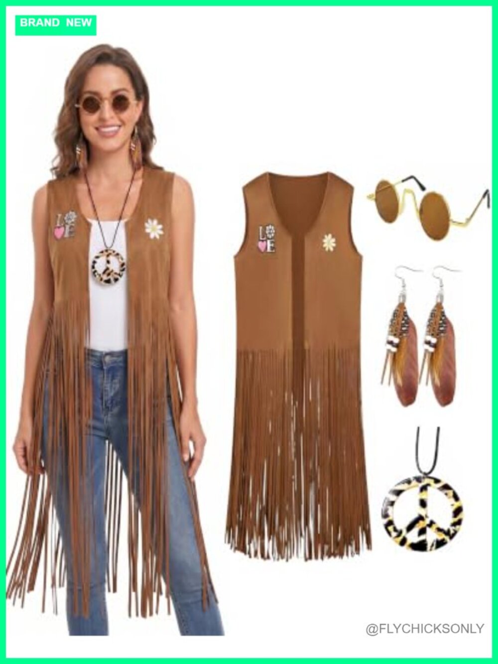 70s Hippie Fringe Vest Costume Set with Glasses, Earrings & Necklace